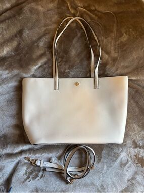 Tory Burch Ivory Leather Double-Handle Tote with Detachable Strap